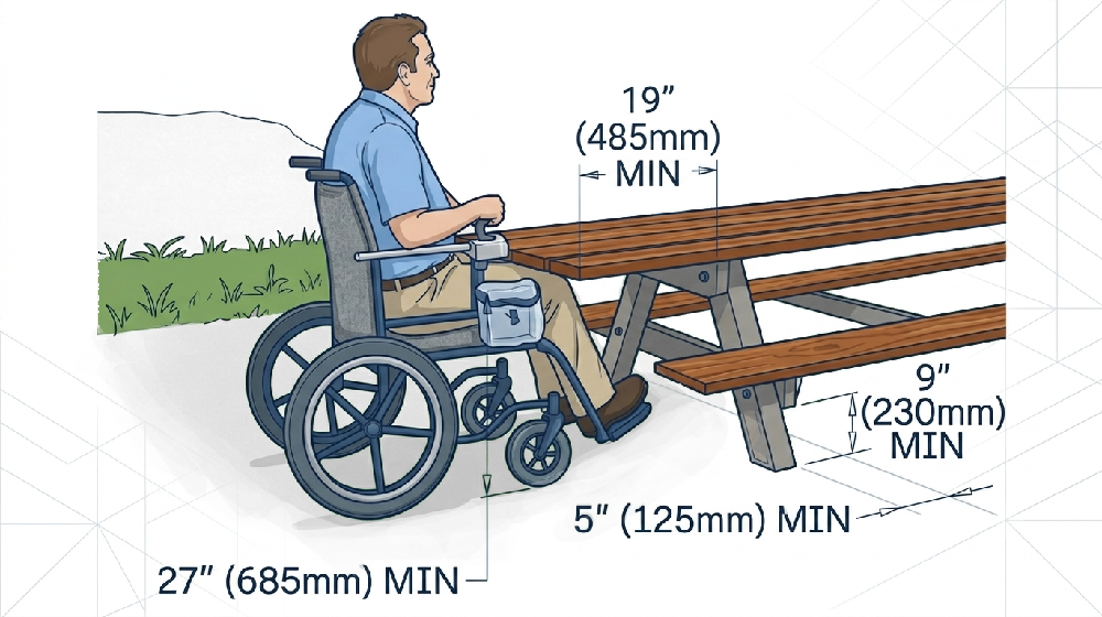 ADA wheelchair clearance requirements for accessible picnic tables showing 19-inch knee clearance, 27-inch knee height, 9-inch toe clearance, and 5-inch toe depth dimensions.